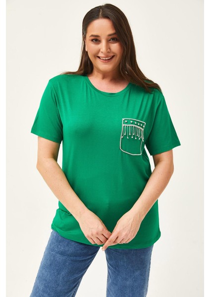 Kadın Büyük Beden Taş Baskılı Cep Detay Yeşil Bluz