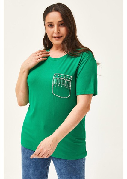 Kadın Büyük Beden Taş Baskılı Cep Detay Yeşil Bluz modelleri