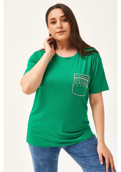 Kadın Büyük Beden Taş Baskılı Cep Detay Yeşil Bluz indirimleri