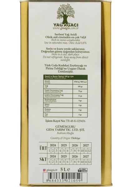 Olgun Hasat Soğuk Sıkım Natürel Sızma Zeytinyağı 5 Litre