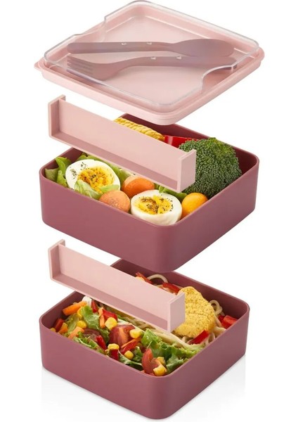 2 Katlı Kare Lunchbox Yemek Saklama Kabı Beslenme Kutusu Seti-Sporcu Öğrenci Fitness Okul Işyeri Sefer Tası