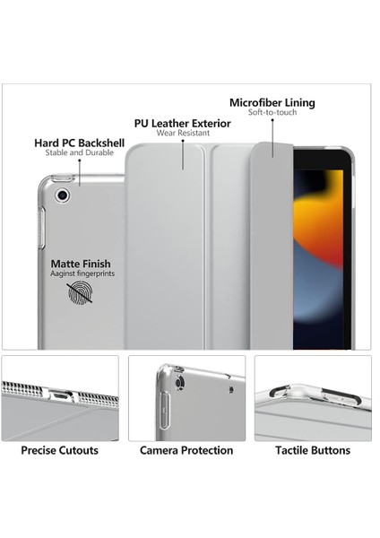 Apple iPad 5. Nesil (2017) 9.7 Yatay Standlı Uyku Modlu Basic Arkası Sert Smart Kılıf ve Ekran Koruyucu A1822 A1823