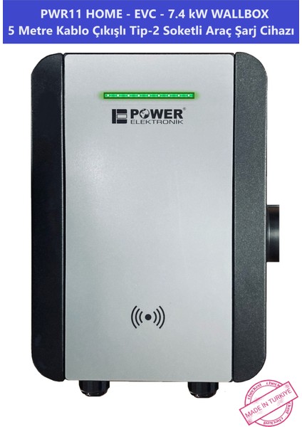 POWER ELEKTRONİK SHOP | PWR11 HOME-EVC-7.4 kW WALLBOX - 5 MT KABLO ÇIKIŞLI ELEKTRİKLİ ARAÇ ŞARJ CİHAZI