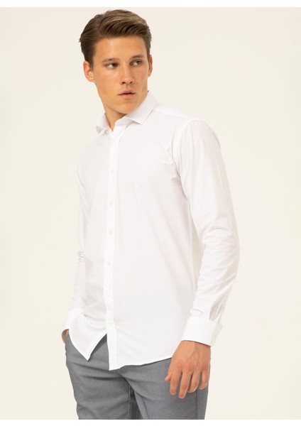 Slim Fit Klasik Yaka Düz Beyaz Erkek Gömlek GM1007100541 fiyatları