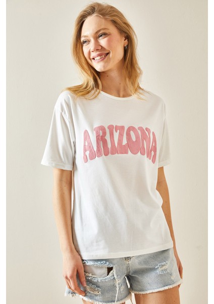 Pembe Bisiklet Yaka Yazılı T-Shirt 5YXK1-48234-20