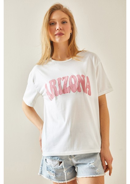 Pembe Bisiklet Yaka Yazılı T-Shirt 5YXK1-48234-20 fırsatları