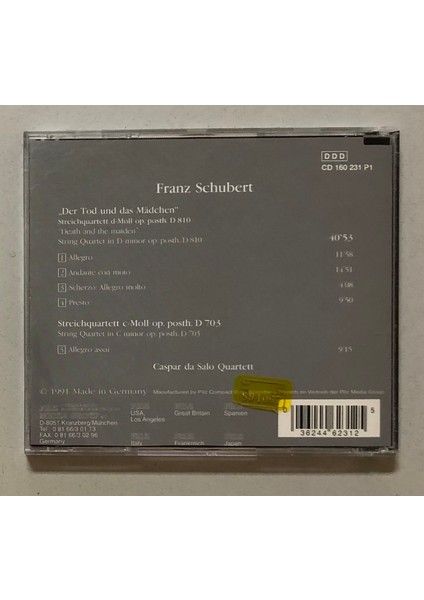 Franz Schubert, Caspar Da Salo Quartett – Der Tod Und Das Mädchen CD (Orjinal Dönem Baskı)