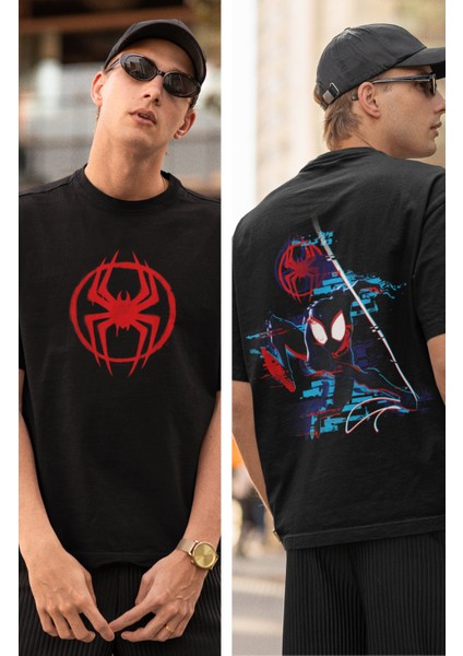 Spiderman Logo Sırt Baskılı Tişört, Erkek-Kadın Oversize Örümcek Adam Baskılı Tshirt