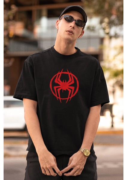 Spiderman Logo Sırt Baskılı Tişört, Erkek-Kadın Oversize Örümcek Adam Baskılı Tshirt