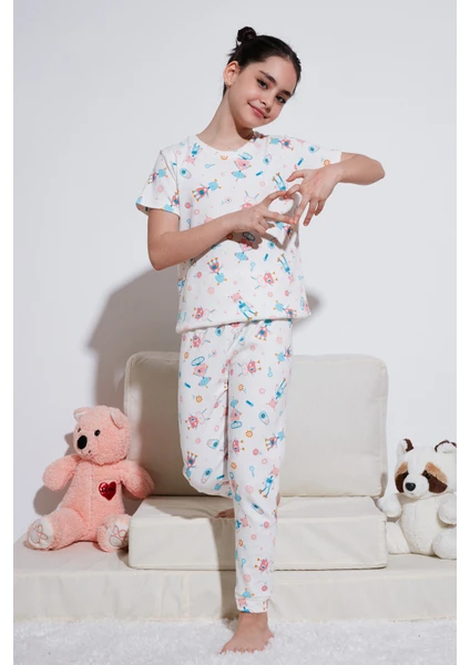 % 100 Pamuk Bisiklet Yaka Kısa Kollu Pijama Takımı Kız Çocuk Pijama Takımı 6651002