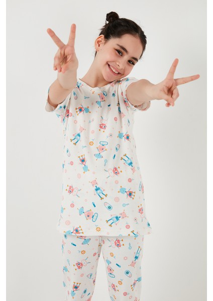 % 100 Pamuk Bisiklet Yaka Kısa Kollu Pijama Takımı Kız Çocuk Pijama Takımı 6651002