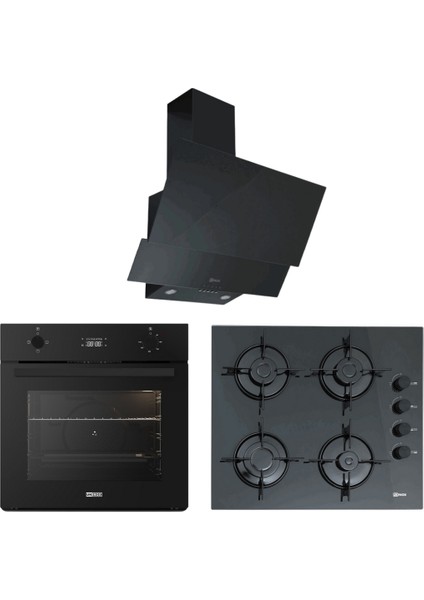 Ukınox Ankastre Set - Carlo 60 Siyah Cam Aspratör + Dolce 60 Df Siyah Cam Ocak + Smart 3000 Siyah Ankastre Fırın
