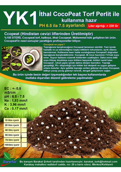 20 Lt- Yk1 Cocopeat Torf Perlit ile Bitki, Çiçek ve Sebze Için Toprak