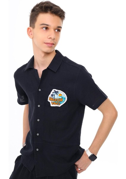 09-15 Yaş Erkek Çocuk Siyah Renk Müslin Kumaş Gömlek Pantolon Takım