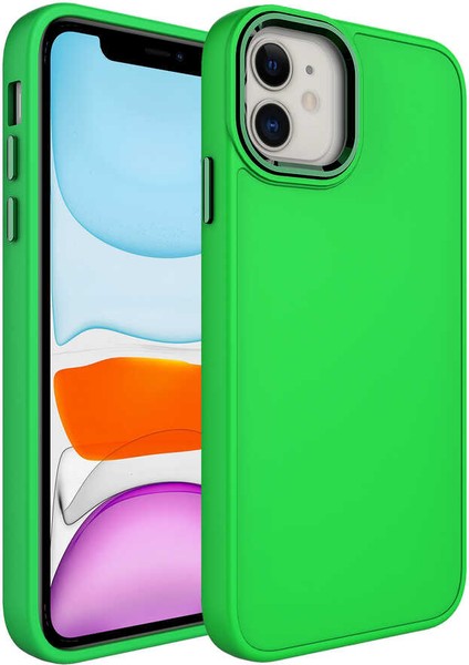 Apple iPhone 11 - Uyumlu Metal Çerçeve ve Buton Tasarımlı Silikon Bulut E-Ticaret Luna Kapak-Fosfor Yeşili