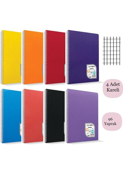 Colormaxi A4 96 Yaprak Plastik Kapak Spiralli Defter Kareli 4 Adet