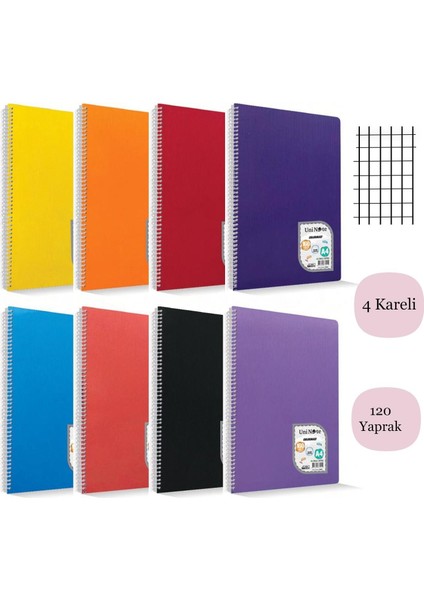 Colormaxi A4 120 Yaprak Plastik Kapak Spiralli Defter Kareli 4 Adet
