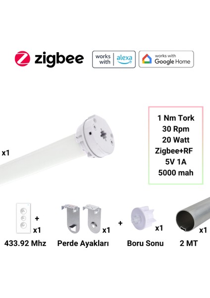 Şarjlı Kumandalı Zigbee Stor Perde Motoru ( Motor + Kumanda + 2MT Boru Set )