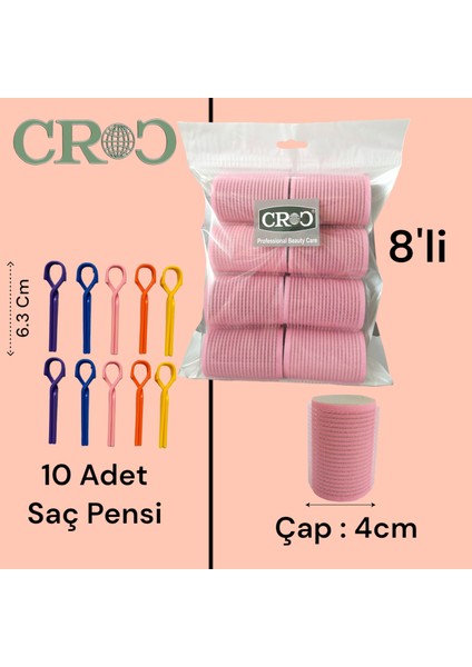 1207 Cırtlı Sünger Bigudi 8li Çap 4 cm Pembe + 10lu Saç Pensi