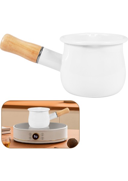 Emaye Süt Tavası, Mini Tereyağı Isıtıcı 10CM Emaye Tencere Tava Ahşap Saplı Tencere, Daha Küçük Sıvı Porsiyonlarını Isıtmak Için Mükemmel Boyut. (Beyaz) (Yurt Dışından)