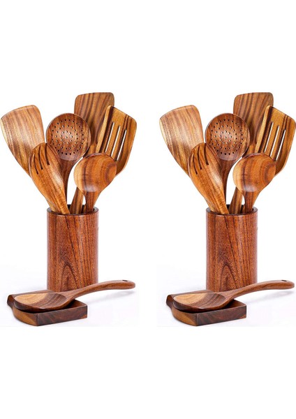 Yemek Pişirmek Için 18 Adet Tahta Kaşık, Mutfak Eşyaları Tutucusu ile Yemek Pişirmek Için Ahşap Mutfak Eşyaları, Tik Ahşap Mutfak Eşyaları Seti (Yurt Dışından)