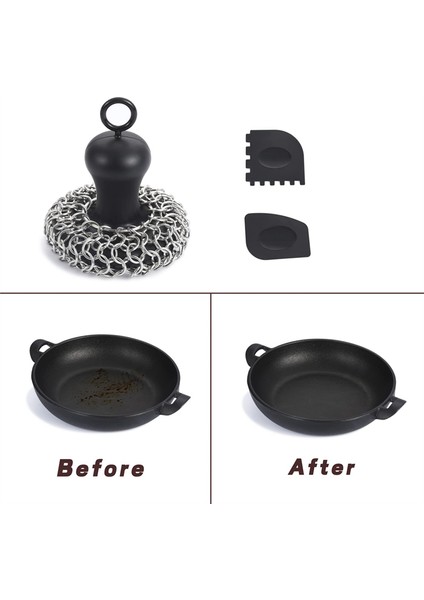Dökme Demir Zincir Posta Scrubber + Tava, Paslanmaz Çelik Tava Temizleyici, Dökme Demir Tavalar Için Alet Siyah (Yurt Dışından)