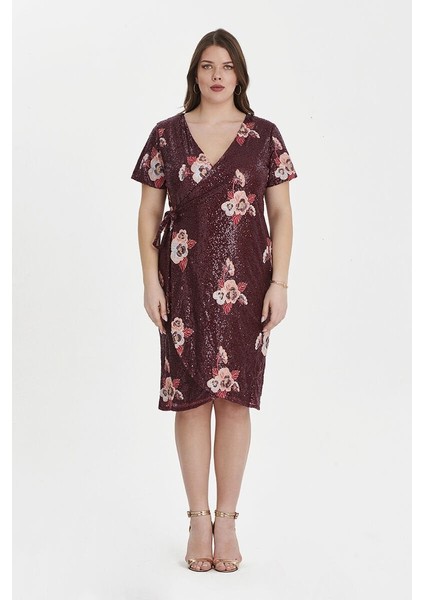 Even Plus Size Bordo Çiçek Desenli Payetli Kruvaze Büyük Beden Abiye Elbise 46 Beden