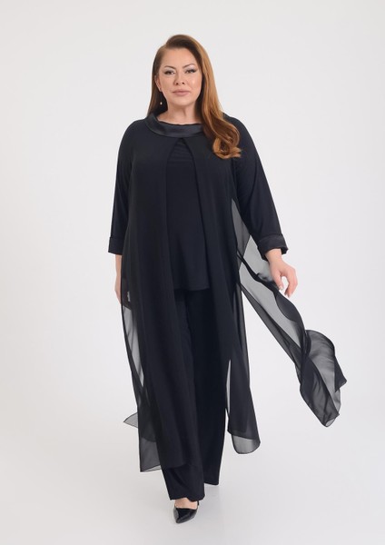 Büyük Beden Siyah Renkli Şifon Abiye Pantolon Tunik Takım