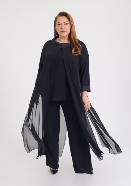 Büyük Beden Siyah Renkli Şifon Abiye Pantolon Tunik Takım fiyatları
