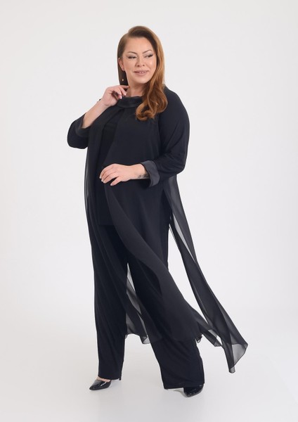 Büyük Beden Siyah Renkli Şifon Abiye Pantolon Tunik Takım indirimleri