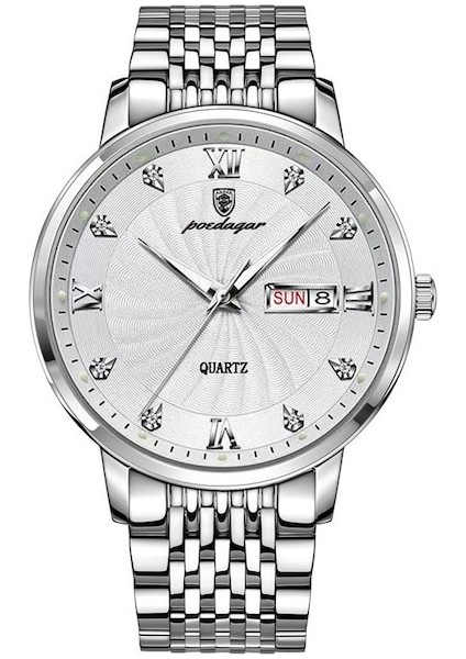 Poedagar 827 Beyaz Yüzlü Çelik Kayışlı Kuvars Erkek Saati - Gümüş (Yurt Dışından)