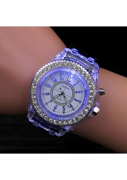 Unisex Rhinestone Yuvarlak Dial LED Kuvars Kol Saati Light Blue (Yurt Dışından)
