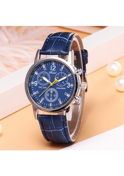Cbtxglobal Erkek Kol Saati Quartz Blue Ray Camlı Epidermal Deri Kordonlu (Yurt Dışından)