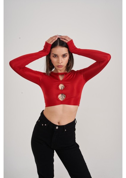 Kadın Kırmızı Crop Parmak Geçirmeli Uzun Kol Frank Bluz