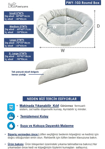Round Box Kedi ve Köpek Yatağı Üst Kalite Yıkanabilir 2 Fermuarlı, Kılıf Astarlı %100 Elyaf
