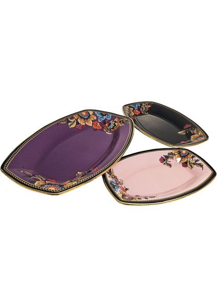 Lorena Altın Yaldızlı Renkli Kayık Tabak Seti (Mor-Siyah-Pembe)