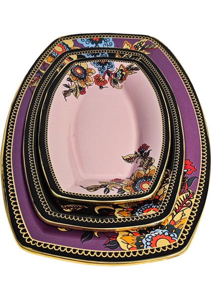 Lorena Altın Yaldızlı Renkli Kayık Tabak Seti (Mor-Siyah-Pembe)