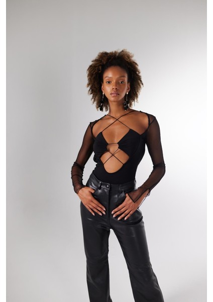 Kadın Siyah Uzun Tül Kollu Dekolteli Bony Bodysuit Siyah indirimleri