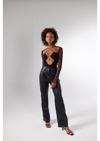 Kadın Siyah Uzun Tül Kollu Dekolteli Bony Bodysuit Siyah