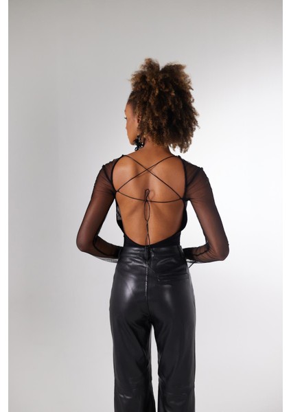 Kadın Siyah Uzun Tül Kollu Dekolteli Bony Bodysuit Siyah indirimleri