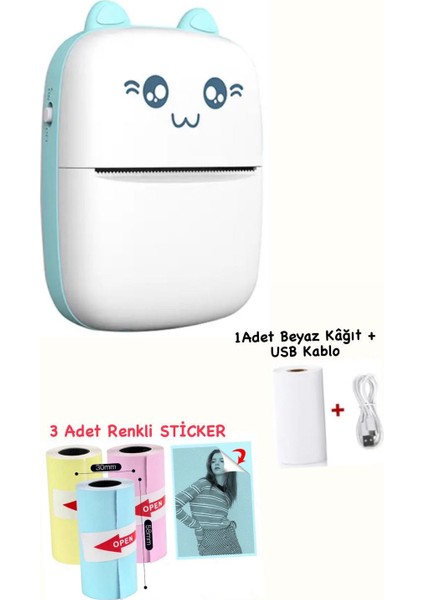 Mini Termal Taşınabilir Yazıcı Mavi, 1 Adet Beyaz Kağıt + 3 Adet Renkli Sticker