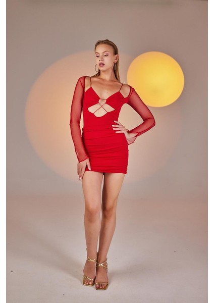 Kadın Kırmızı Mini Boy Uzun Kol Dekolteli Lunar Elbise Kırmızı modelleri