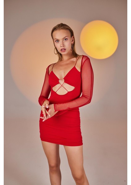Kadın Kırmızı Mini Boy Uzun Kol Dekolteli Lunar Elbise Kırmızı