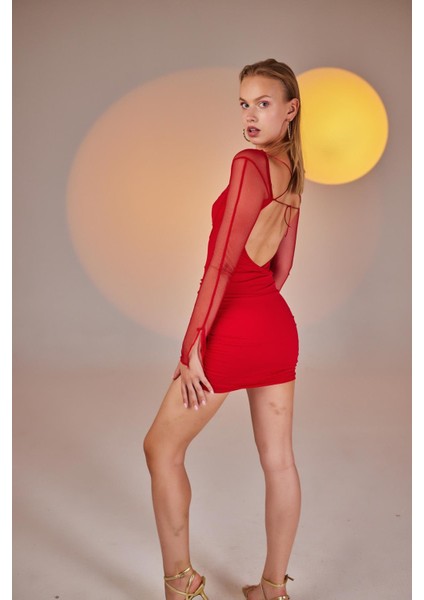 Kadın Kırmızı Mini Boy Uzun Kol Dekolteli Lunar Elbise Kırmızı