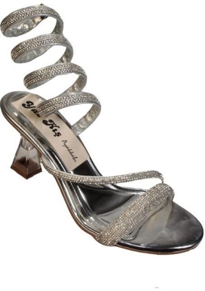 Yazkış Kadın Siyah Gümüş Rugan Üzeri Bileği Taşlı Bileği Dolamalı 8cm Şeffaf Kadeh Topuk Abiye Ayakk