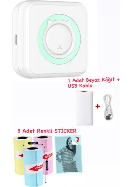 Mini Termal Taşınabilir Yazıcı Yeşil, 1 Adet Beyaz Kağıt