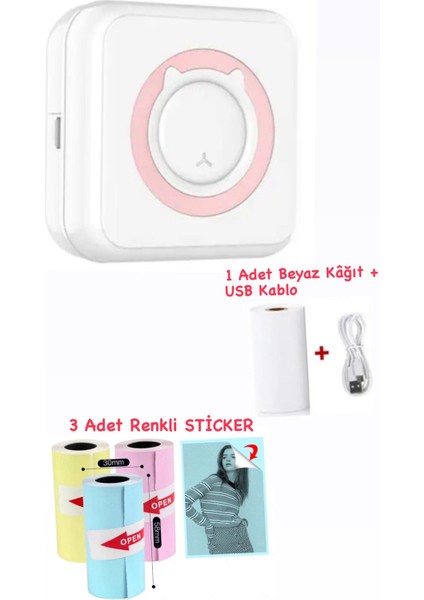 Mini Termal Taşınabilir Yazıcı Pembe, 1ADET Beyaz Kağıt + 3 Adet Renkli Sticker