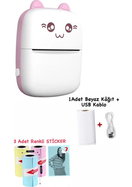 Mini Termal Taşınabilir Yazıcı Pembe, 1 Adet Beyaz Kağıt + 3 Adet Renkli Sticker