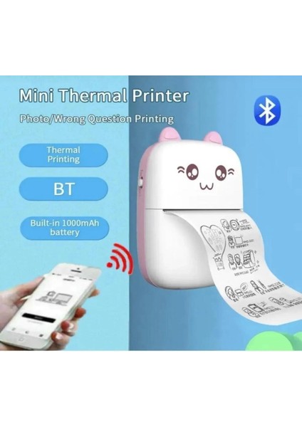 Mini Termal Taşınabilir Yazıcı Pembe, 1 Adet Beyaz Kağıt + 3 Adet Renkli Sticker fiyatları