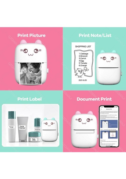 Mini Termal Taşınabilir Yazıcı Pembe, 1 Adet Beyaz Kağıt + 3 Adet Renkli Sticker modelleri